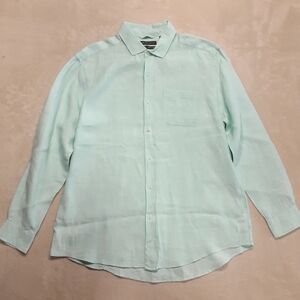 Saks Fith Avenue Mens Linen Button Shirt XL Light Turquoise LS Classic Fit